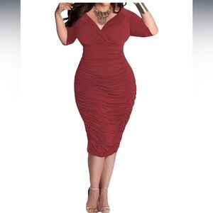 Nwt Women's  Bodycon V Neck Short Sleeve Ruched Cocktail Midi Dresses